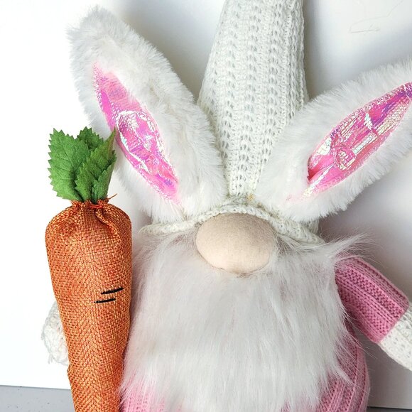 EASTER GNOME in Pink Wearing Bunny Ears and Holding Large Carrot Plush Stuffed - Picture 2 of 6